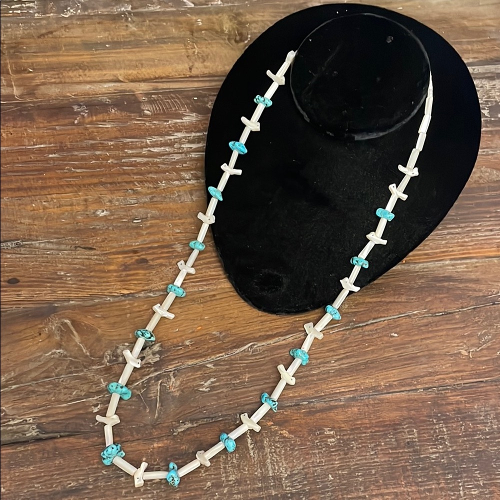 Blue and White Beaded Necklace with Silver Accents
